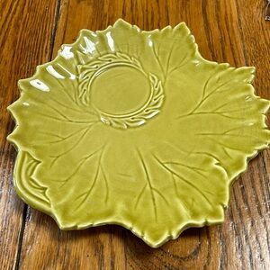 Woodfield by Steubenville MCM Golden Fawn green leaf snack plate.  Vintage, 9”.